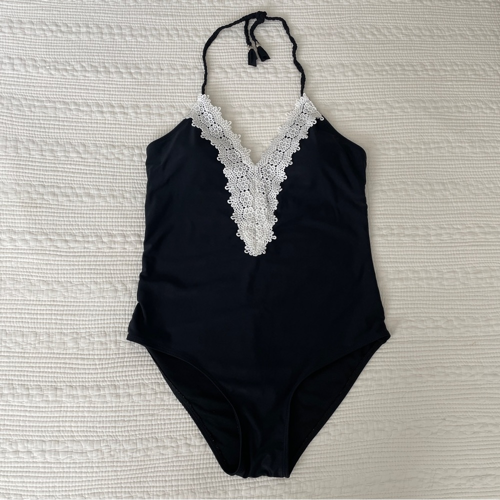Black One Piece Swimsuit Macrame Lace Neckline Size Medium